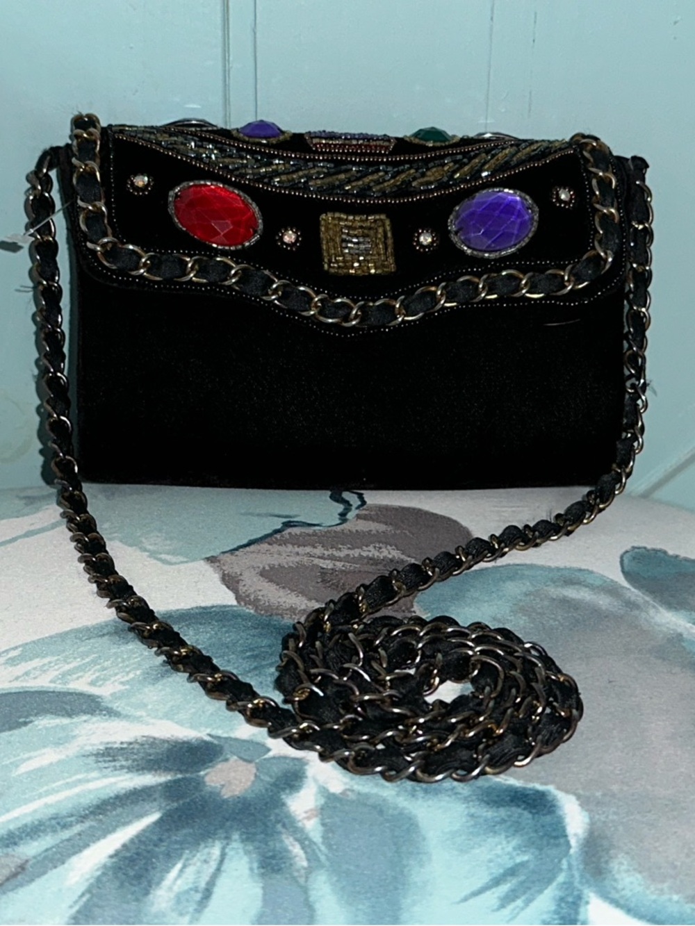 MAGID - Hand Made, Black Velvet Evening Clutch with Multicolor Gem Accents - Picture 3 of 11